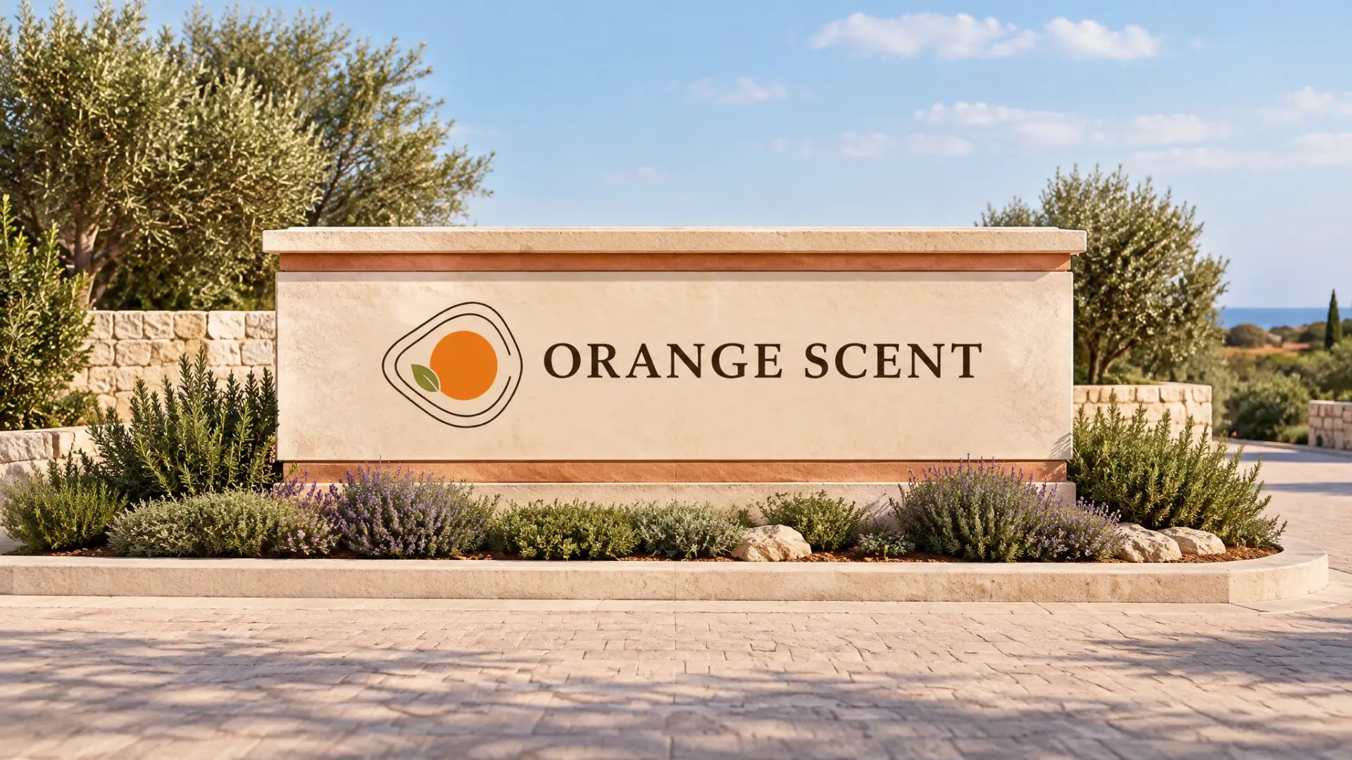 Concept visualisation of the Orange Scent entrance sign set in the surrounding landscape